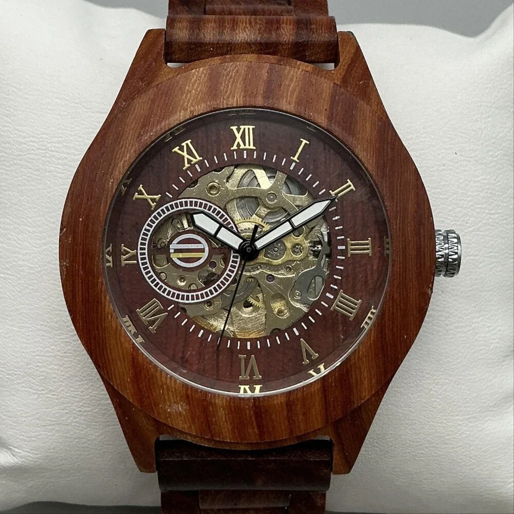 Mens Watch 45mm Brown Skeleton Dial Wood Bracelet Automatic Gold Tone 8.75